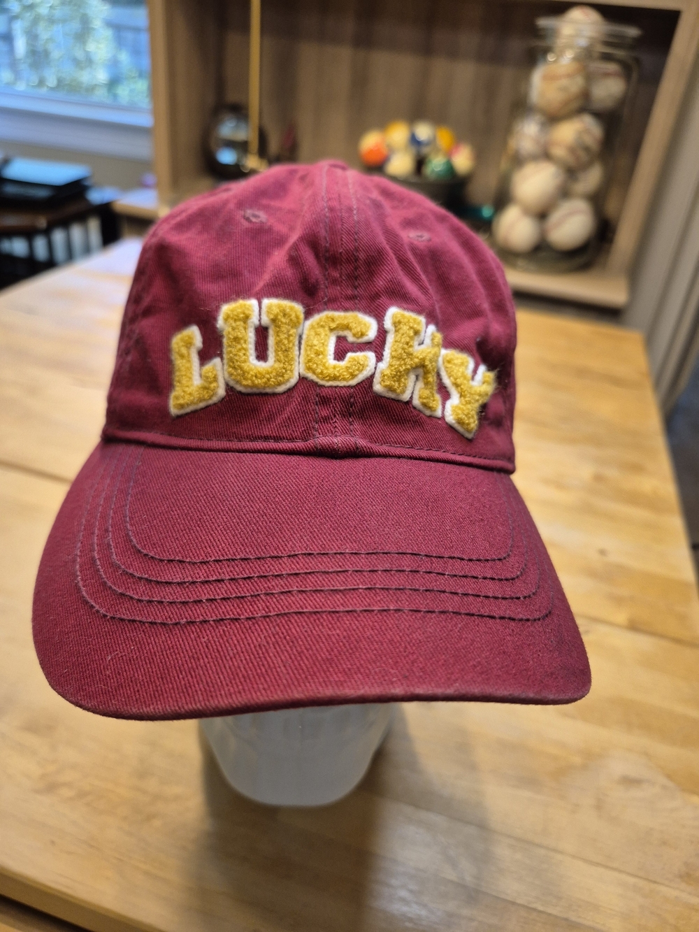 Lucky Brand Maroon Baseball Cap with Yellow 'LUCKY'
